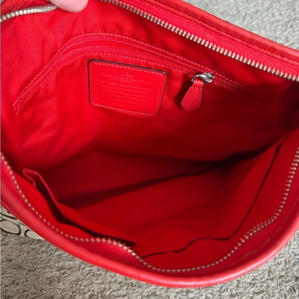 Coach Tan and Red Signature Shoulder Bag